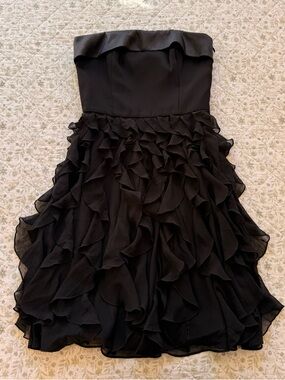 White House Black Market black strapless midi dress with ruffle detail